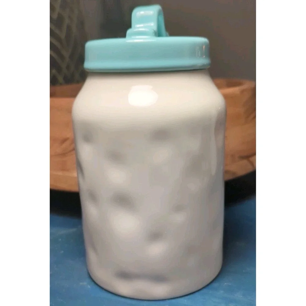 Rae Dunn Sugar Canister Jar w Blue Lid Typewriter Font Artisan‎ Collection 8in